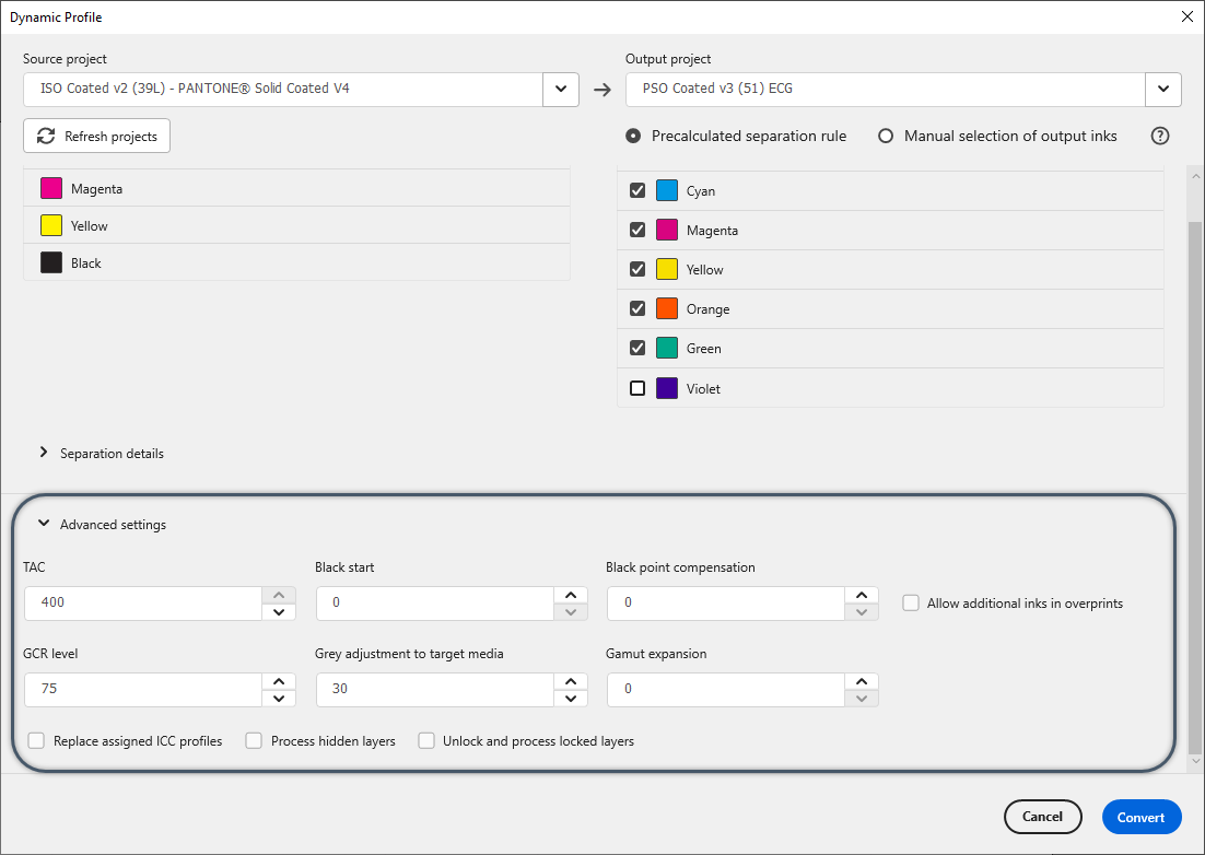 Advanced settings for dynamic conversion – GMG Support